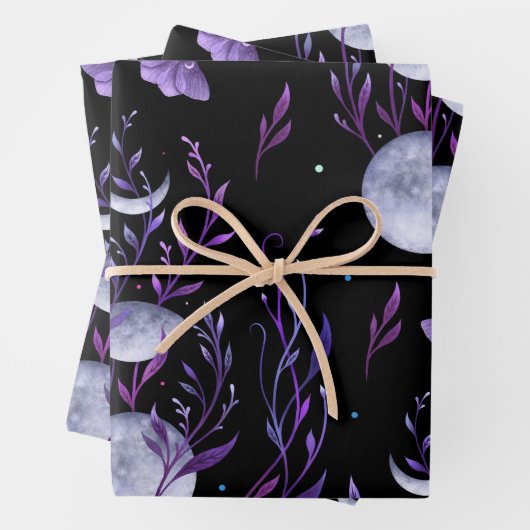 Lila Moon- und Moth-Wrapping-Papierblätter Geschenkpapier Set (Beispiel)