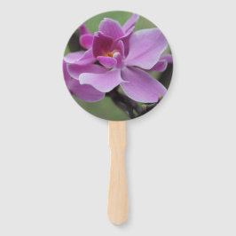 Lila Mottenorchideen auf einer Hand Fächer