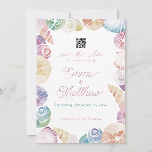 Lila Muschel Wasserfarbe Foto & QR Save The Date (Rückseite)