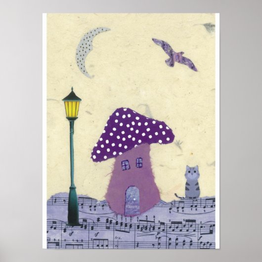 Lila Mushroom House mit Lampe Post und Katze Poster (Vorne)