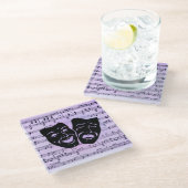 Lila Musik- und Theatermasken Glasuntersetzer (Schrägansicht)