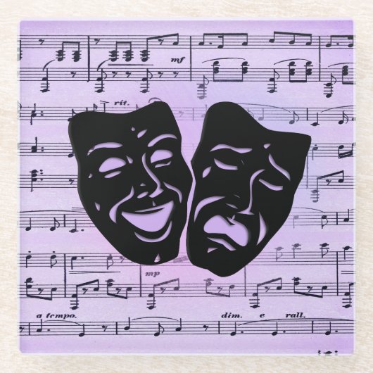 Lila Musik- und Theatermasken Glasuntersetzer (Vorderseite)