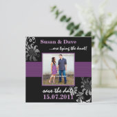 Lila Muster Foto Save the Date (Stehend Vorderseite)