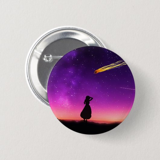 Lila nächtlicher Himmel mit Comet-Absturz zur Erde Button (Vorne & Hinten)