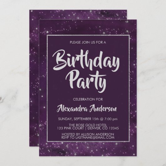 Lila nächtlicher Himmel mit Goldenen Fohlen Geburt Einladung (Vorne/Hinten)