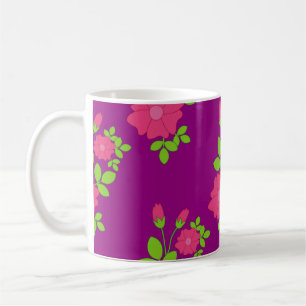Lila nahtloses Muster mit rosa Blume und Gree Kaffeetasse