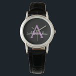 Lila Name der Girl-Monogram-Datei Armbanduhr<br><div class="desc">Schwarze und Lila einfache Script Monogram Name Watch. Dies macht den perfekten Abschluss,  Geburtstag,  Hochzeit,  Brautparty,  Jubiläum,  Babydusche oder Junggeselinnen-Abschied Geschenk für jemanden,  die Lieben glamourösen Luxus und schicke Stile.</div>
