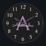 Lila Name der Girl-Monogram-Datei Große Wanduhr<br><div class="desc">Lila und schwarze einfache Skriptmonogrammnamensuhr. Das macht den perfekten 16 Geburtstag,  Hochzeit,  Brautparty,  Jubiläum,  Babydusche oder Junggeselinnen-Abschied Geschenk für jemanden,  der Lieben glamourösen Luxus und schicke Stile.</div>