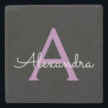 Lila Name der Girl-Monogram-Datei Steinuntersetzer<br><div class="desc">Schwarze und Lila einfache Skriptmonogramm Name Stone Tile. Das macht den perfekten Abschluss,  süßen 16 Geburtstag,  Hochzeit,  Brautparty,  Jubiläum,  Babydusche oder Junggeselinnen-Abschied Geschenk für jemanden,  die Lieben glamourösen Luxus und schicke Stile.</div>