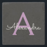 Lila Name der Girl-Monogram-Datei Steinuntersetzer<br><div class="desc">Schwarze und Lila einfache Skriptmonogramm Name Stone Tile. Das macht den perfekten Abschluss,  süßen 16 Geburtstag,  Hochzeit,  Brautparty,  Jubiläum,  Babydusche oder Junggeselinnen-Abschied Geschenk für jemanden,  die Lieben glamourösen Luxus und schicke Stile.</div>