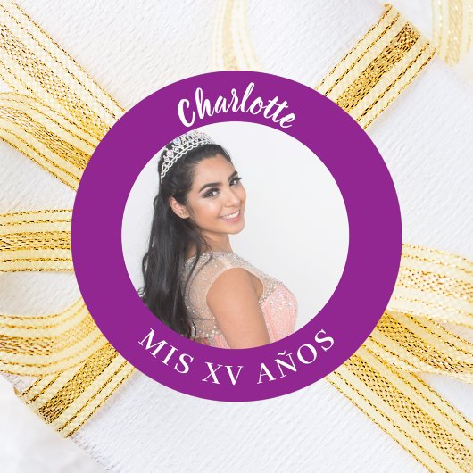 Lila Name des Fotos Quinceanera Runder Aufkleber