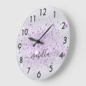Lila Namensskript für Silver Glitzer Große Wanduhr (Winkel)