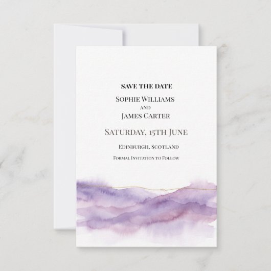 Lila-Nebel-Hochzeit Save The Date (Vorderseite)