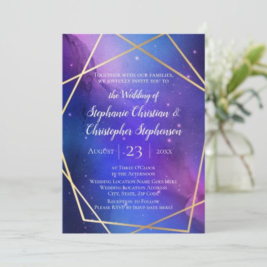Lila Nebula Celestial Art Geometric Gold Wedding Einladung (Stehend Vorderseite)
