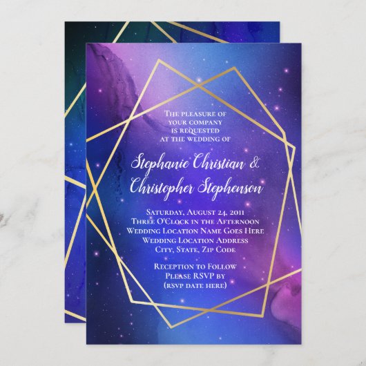 Lila Nebula Celestial Art Geometric Gold Wedding Einladung (Vorne/Hinten)