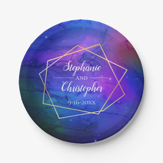 Lila Nebula Celestial Art Geometric Gold Wedding Pappteller (Vorderseite)