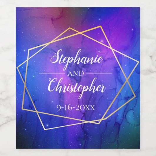 Lila Nebula Celestial Art Geometric Gold Wedding Weinetikett (Einzelnes Label)