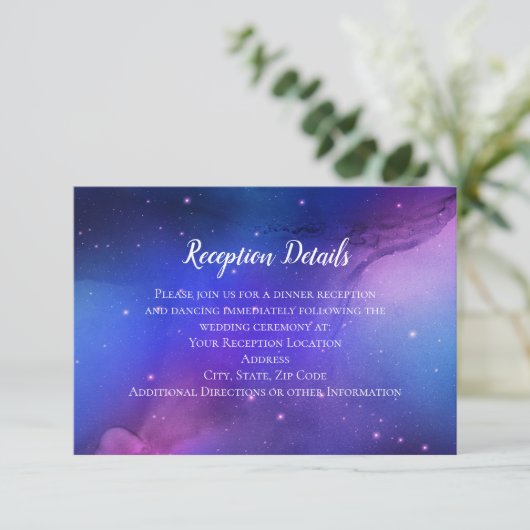 Lila Nebula Celestial Art Weltraum Hochzeit Begleitkarte (Stehend Vorderseite)