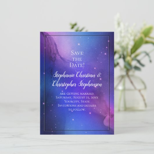 Lila Nebula Celestial Art Weltraum Hochzeit Einladung (Stehend Vorderseite)