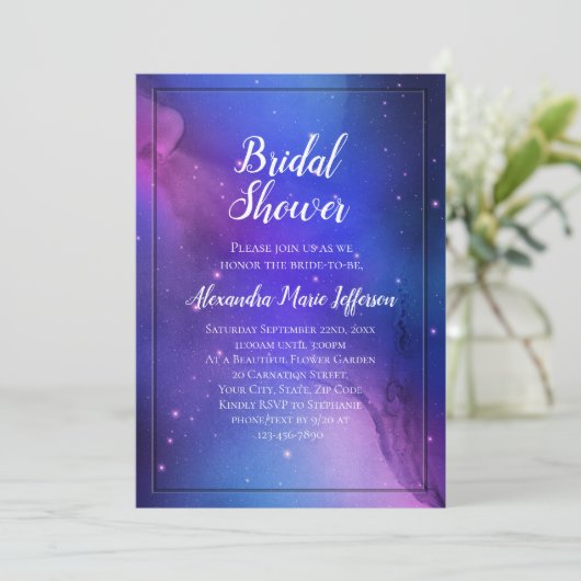 Lila Nebula Celestial Art Weltraum Hochzeit Einladung (Stehend Vorderseite)