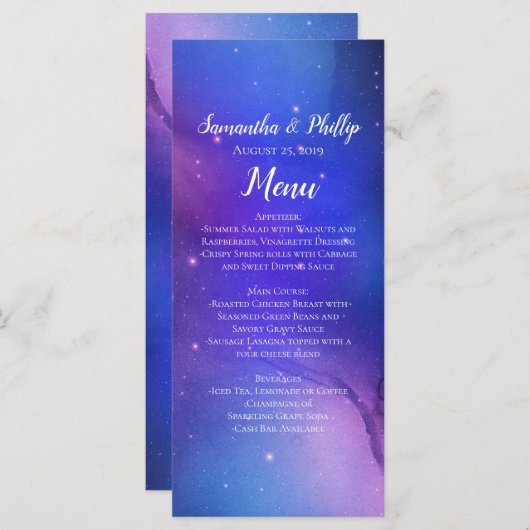 Lila Nebula Celestial Art Weltraum Hochzeit Menükarte (Vorne/Hinten)