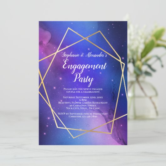 Lila Nebula Celestial Geometric Gold Verlobung Einladung (Stehend Vorderseite)