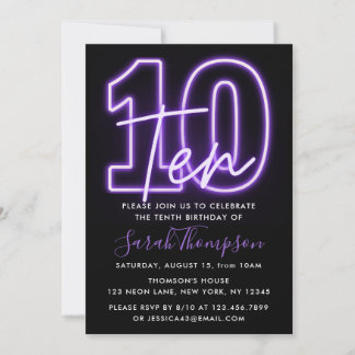 Lila Neon 10. Geburtstag Einladung