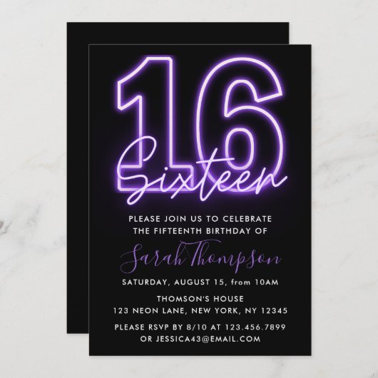 Lila Neon 16. Geburtstag Einladung (Vorne/Hinten)