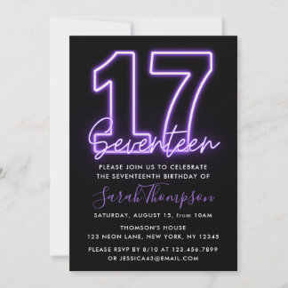 Lila Neon 17. Geburtstag Einladung
