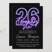 Lila Neon 26. Geburtstag Einladung (Vorne/Hinten)