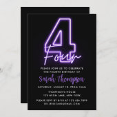 Lila Neon 4. Geburtstag Einladung (Vorne/Hinten)