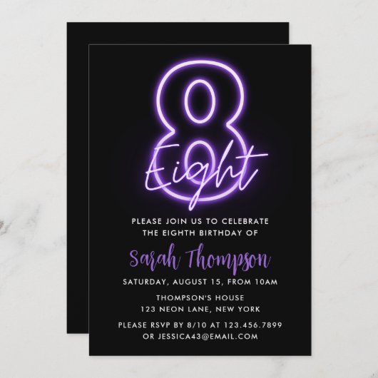 Lila Neon 8. Geburtstag Einladung (Vorne/Hinten)