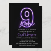Lila Neon 9. Geburtstag Einladung (Vorne/Hinten)