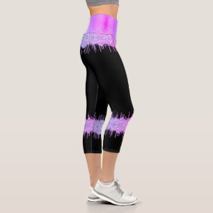 Lila Neon Glitzer Tropfen Black Leggiings Capri Leggings
