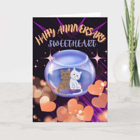 Lila Neon Heart Cat Wedding Jubiläum Dankeskarte (Vorderseite)
