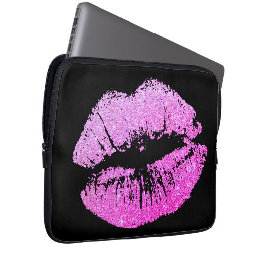 Lila Neon Lips Schwarzer Notebook-Computer-Sleeve Laptopschutzhülle (Vorne Rechts)