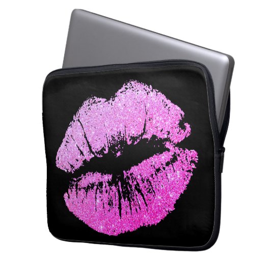 Lila Neon Lips Schwarzer Notebook-Computer-Sleeve Laptopschutzhülle (Vorderseite Links)