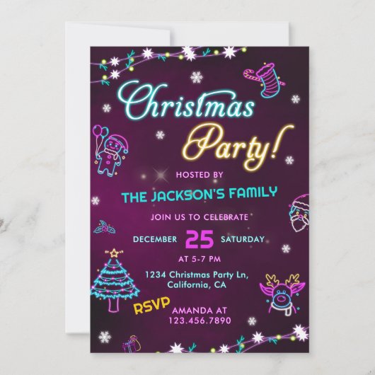 Lila Neon Modern Holiday Weihnachten Party Einladung (Vorderseite)