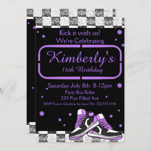 Lila Neon Sneaker Geburtstag, Glitzer Einladung (Vorne/Hinten)