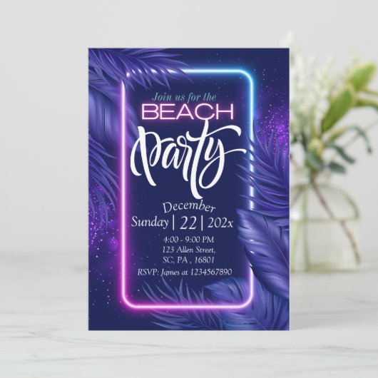 LILA NICHTBLICK IN DAS DUNKELSTRANDPARTY EINLADUNG (Stehend Vorderseite)