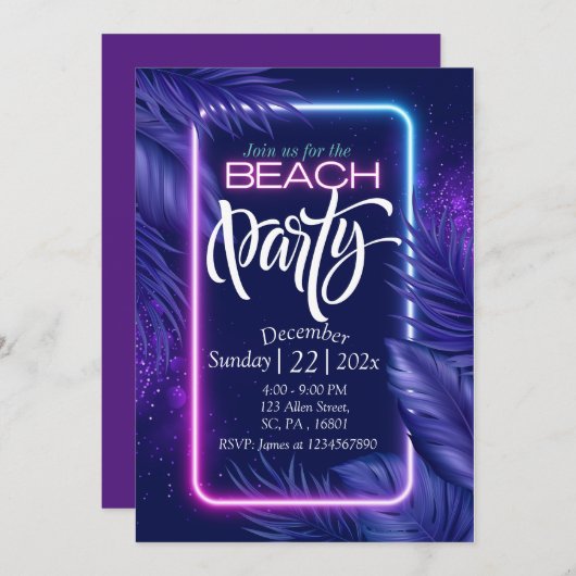 LILA NICHTBLICK IN DAS DUNKELSTRANDPARTY EINLADUNG (Vorne/Hinten)