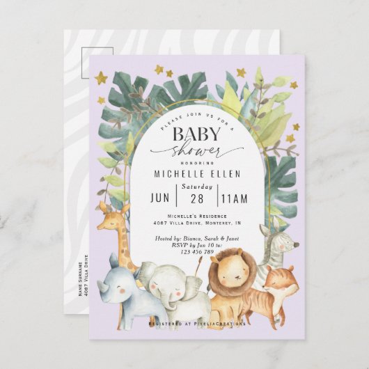 Lila niedliche Dschungelsafari Kinderdusche Einladungspostkarte (Vorne/Hinten)