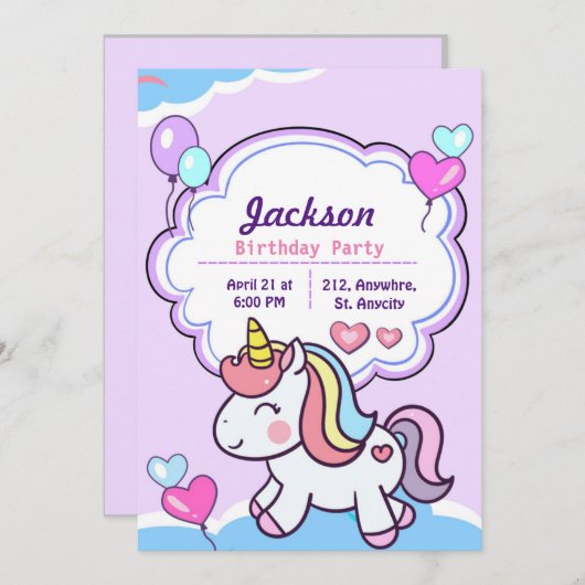 Lila Niedliche Einhorngeburt Einladung (Vorne/Hinten)