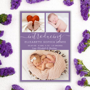 Lila Niedliche Girl Birth Ankündigung Foto Collage