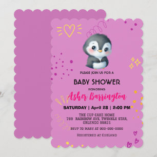 Lila Niedlicher Pinguin Schöne Babydusche Einladung