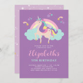 Lila Niedlicher Regenbogen Einhorn Personalisiert Einladung (Vorne/Hinten)