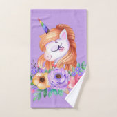 Lila Niedliches Einhorn mit Florals Monogramm Badhandtuch Set (Handtuch)