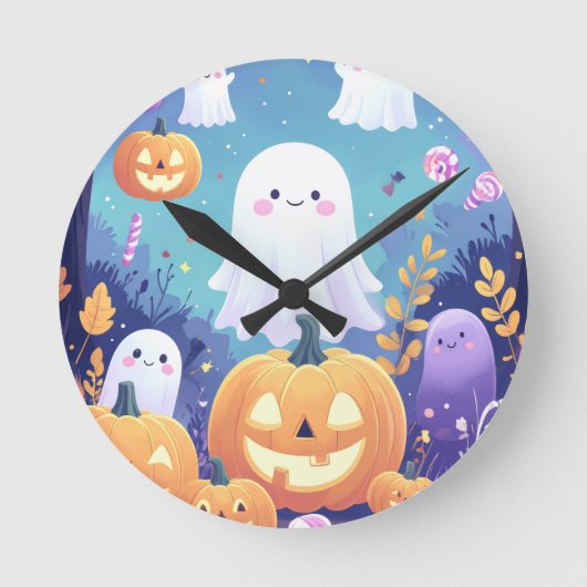 Lila Niedliches Halloween Runde Wanduhr (Vorderseite)