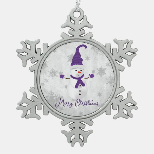 Lila Niedliches Schneemann-Urlaubsornament Schneeflocken Zinn-Ornament (Vorderseite)