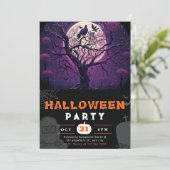 Lila Night Full Moon Black Bird Black Halloween Einladung (Stehend Vorderseite)